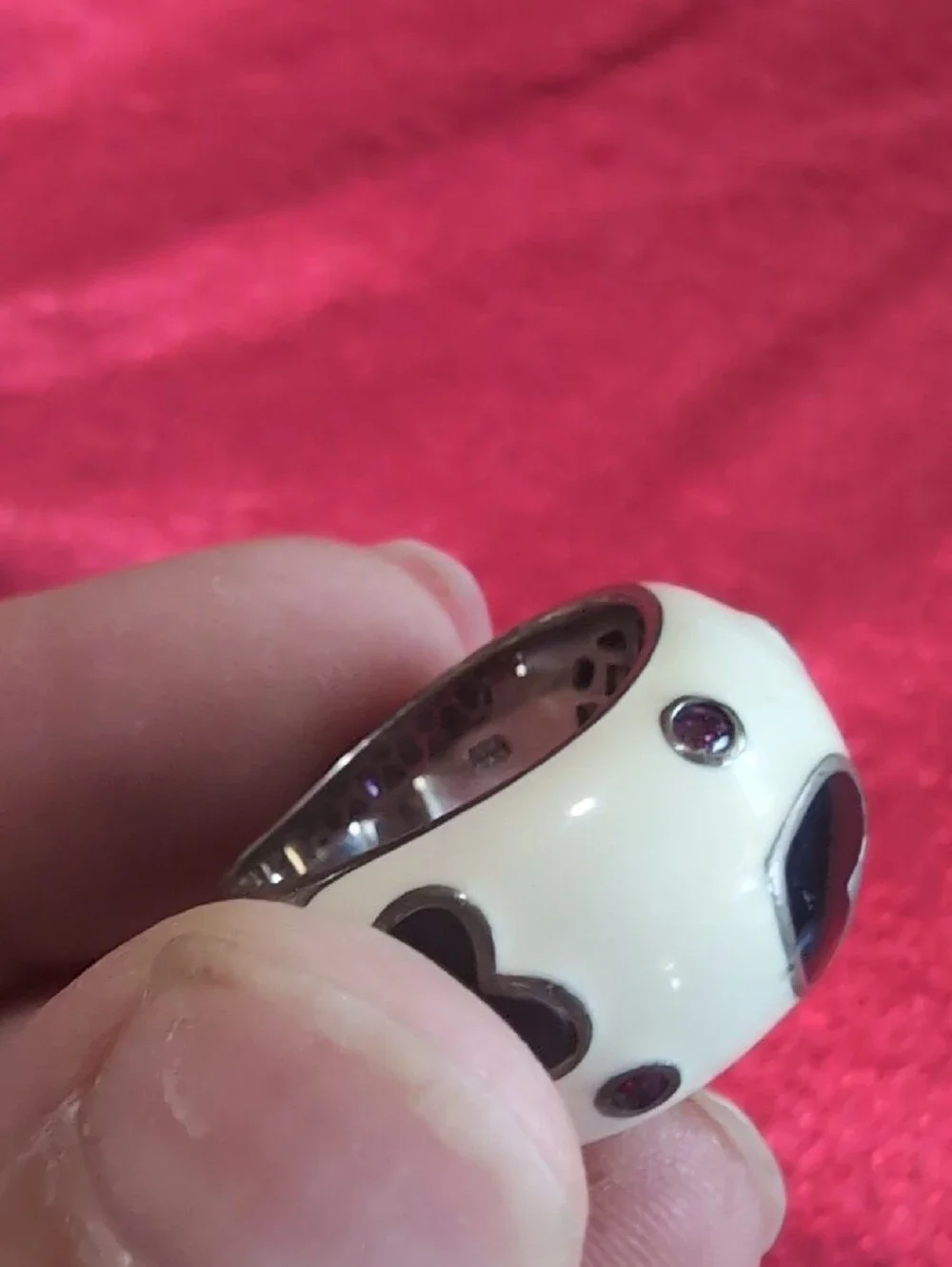 White Enamel Heart Ring with Black Hearts